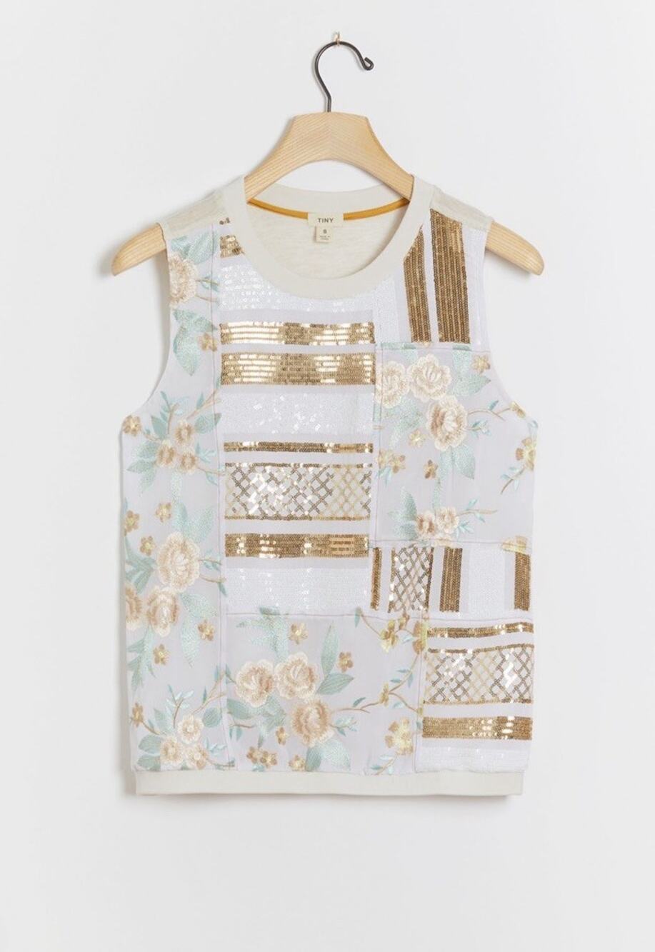 Tiny Anthropologie Jessika Top - M Cream Sequin Patchwork Neutral Summer Cottage